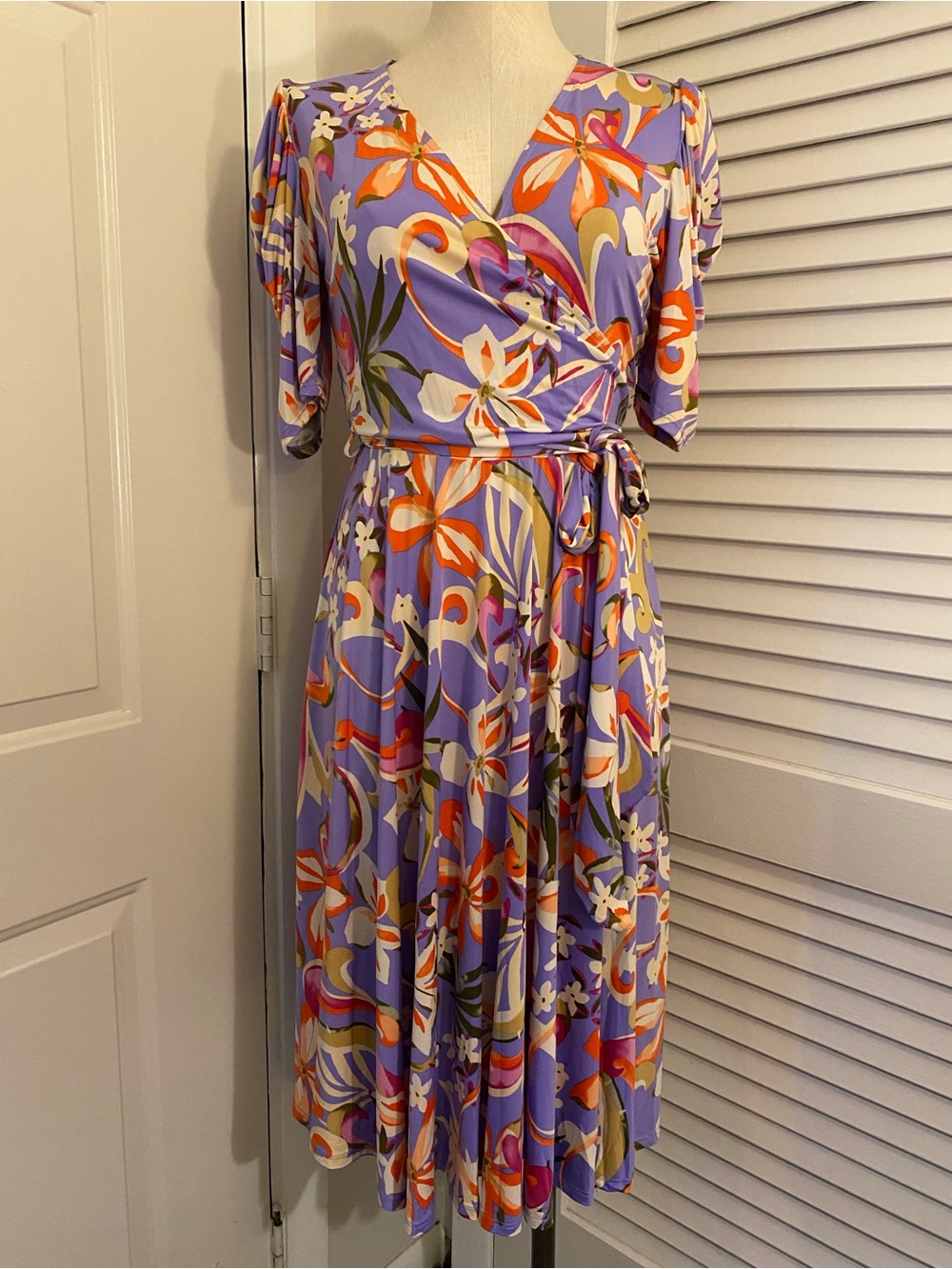 “Janette F/S” Lavender Floral Wrap Midi Dress with Orange Accents- Size Large